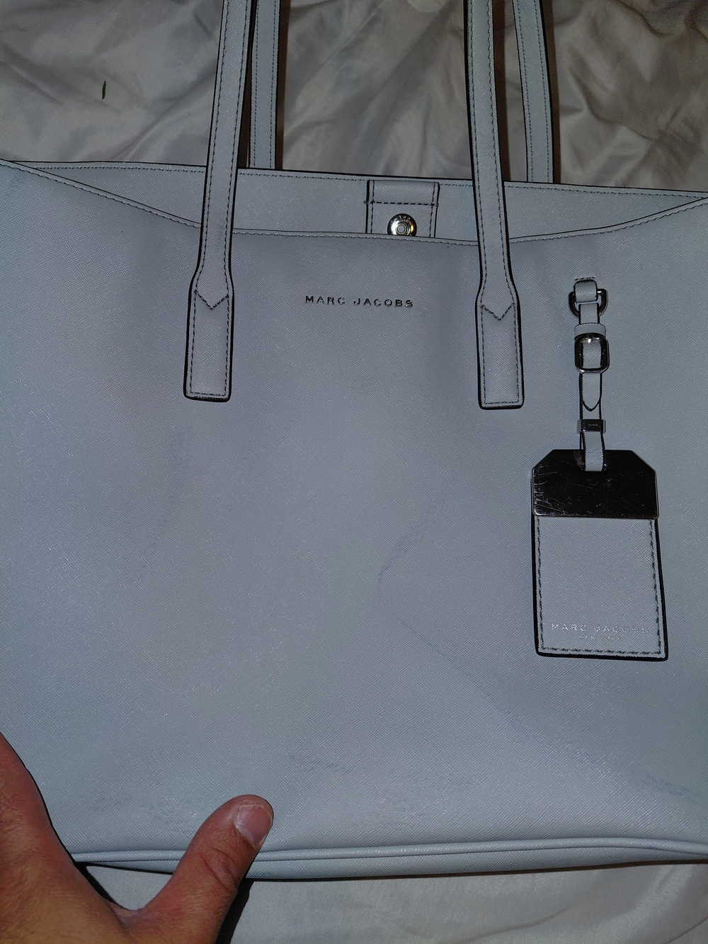 Marc Jacobs Light Gray Leather Tote with Luggage Tag
